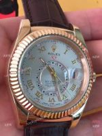 Replica Rolex Sky-Dweller Rose Gold Brown Leather Watch at Discount Price